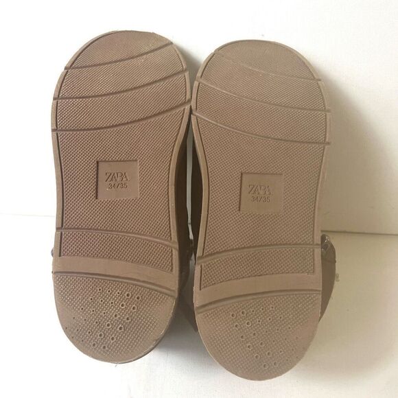 Zara Brown Leather Ankle Boot Lace/Zip Up Big Kids Sz EU 34/35 US 3.5/4 Faux Fur - Picture 11 of 11